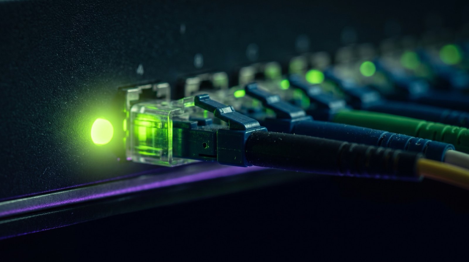 Macro de conectores de fibra óptica en un panel de distribución, con luces indicadoras en verde lima